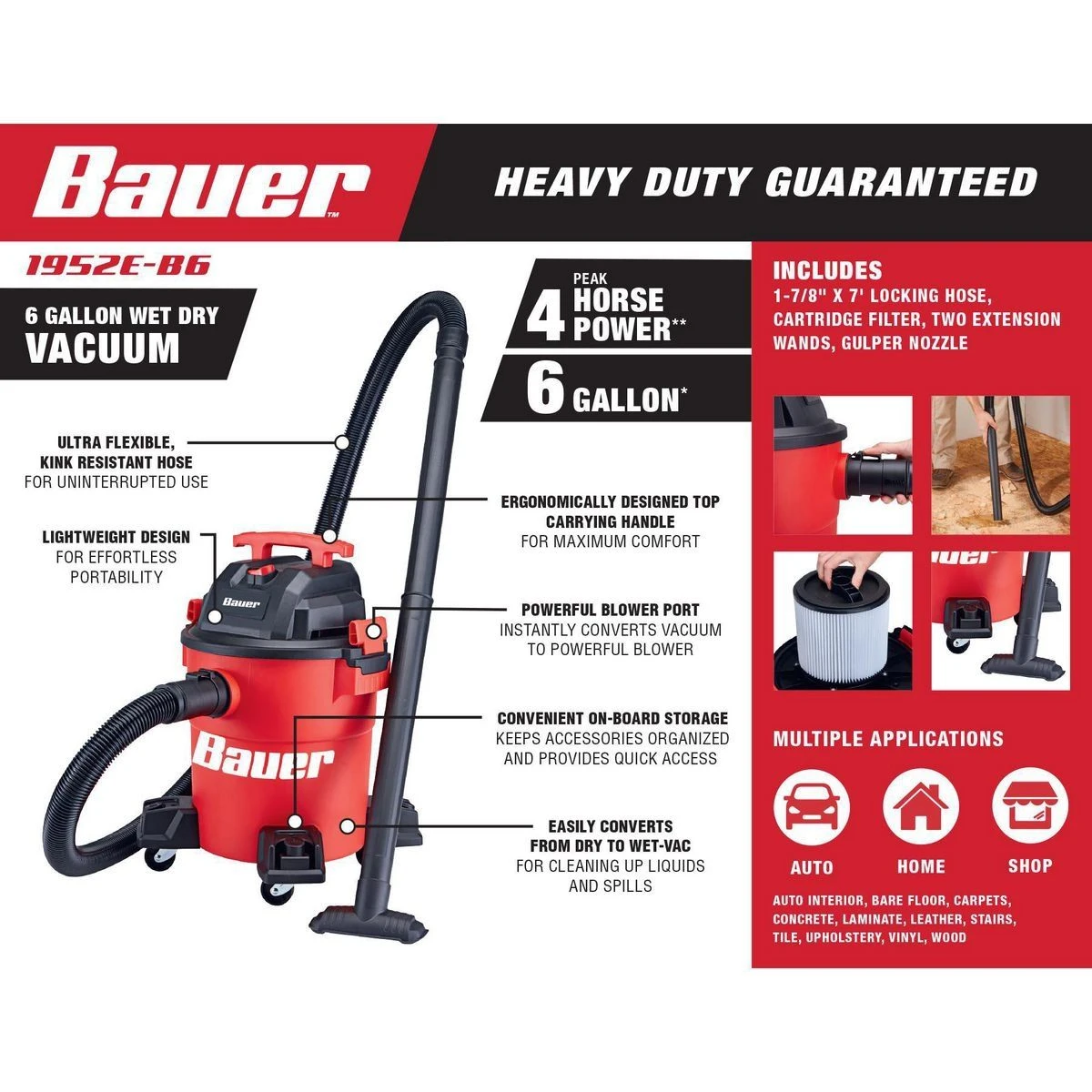 Flash Sale 😍 BAUER 6 gallon 4 Peak Horsepower Wet/Dry Vacuum 😍 6 Flash Sale 😍 BAUER 6 gallon 4 Peak Horsepower Wet/Dry Vacuum 😍 - Image 4